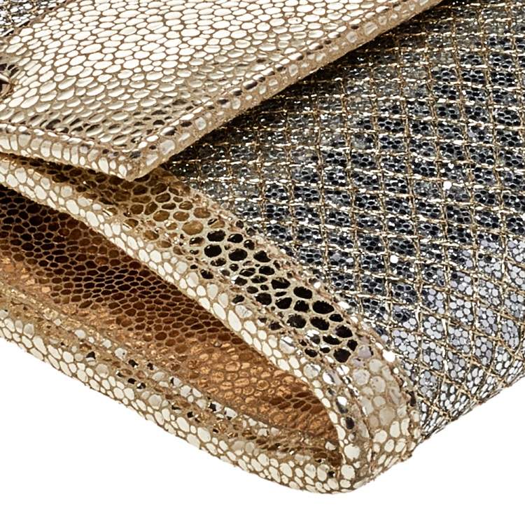 Pre Owned Jimmy Choo Metallic Gold Glitter And Textured Leather Reese Flap Clutch