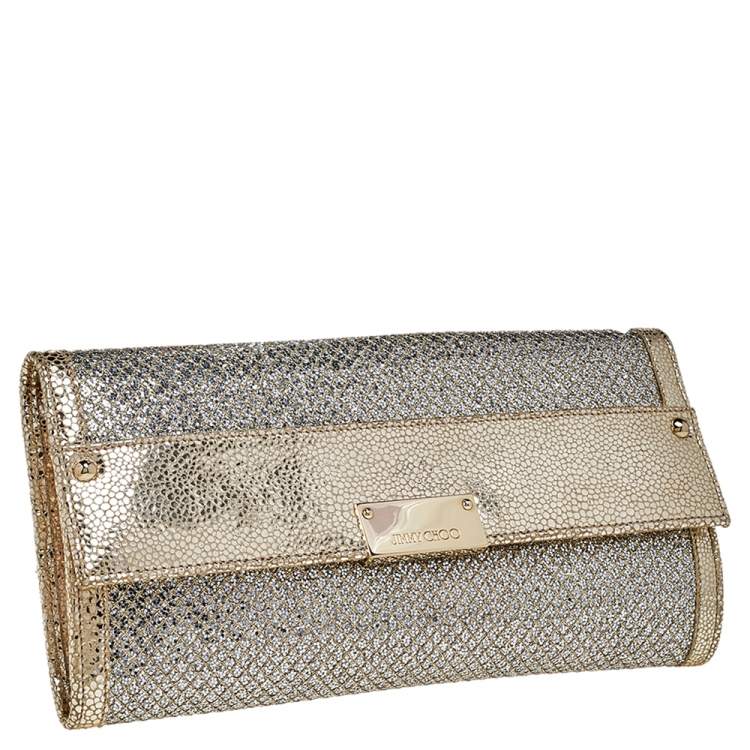 Pre Owned Jimmy Choo Metallic Gold Glitter And Textured Leather Reese Flap Clutch