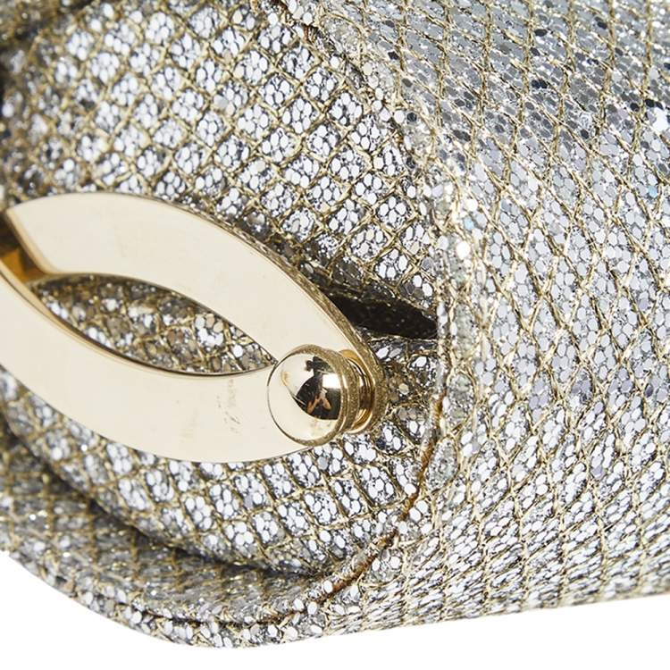 Pre Owned Jimmy Choo Silver/Gold Glitter Fabric Twill Tube Clutch
