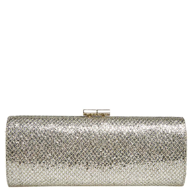 Pre Owned Jimmy Choo Silver/Gold Glitter Fabric Twill Tube Clutch
