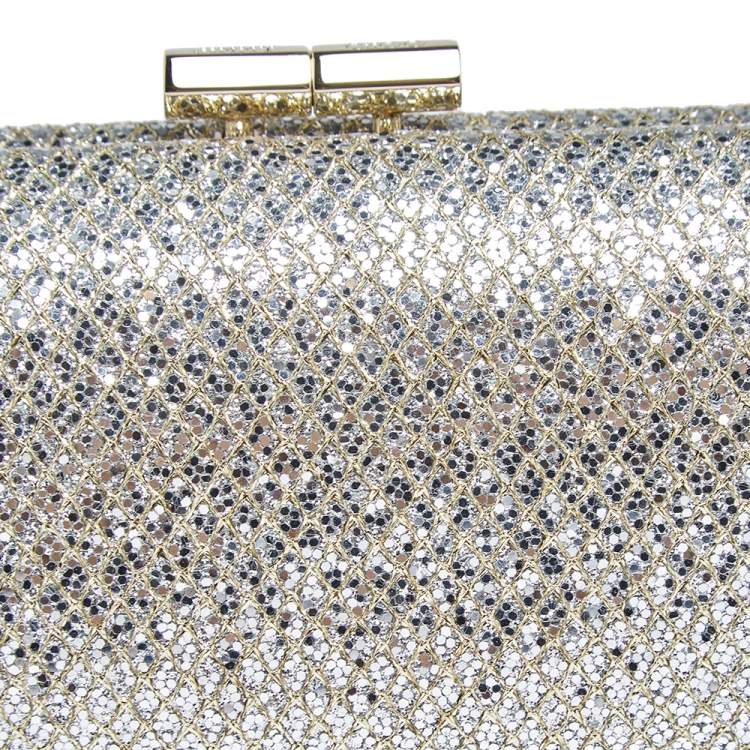 Pre Owned Jimmy Choo Silver/Gold Glitter Fabric Twill Tube Clutch