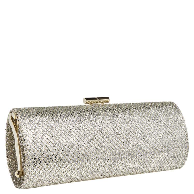 Pre Owned Jimmy Choo Silver/Gold Glitter Fabric Twill Tube Clutch