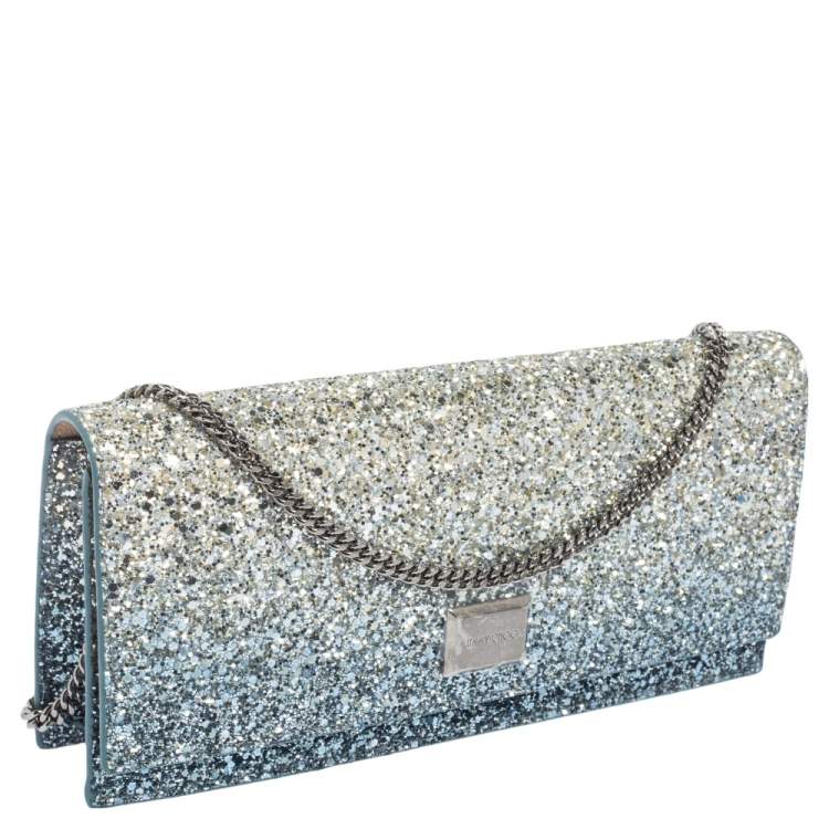Pre Owned Jimmy Choo Blue Glitter Lilia Chain Clutch 