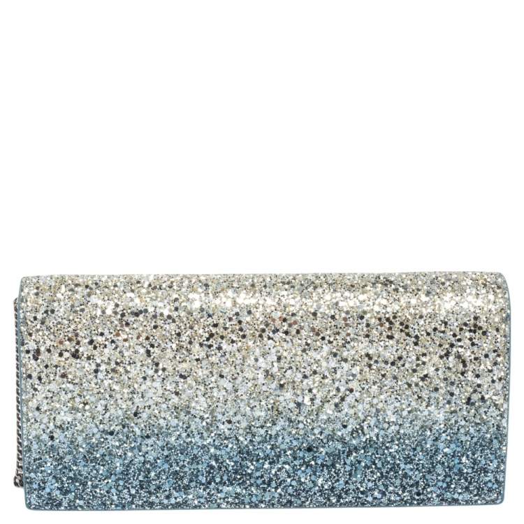 Pre Owned Jimmy Choo Blue Glitter Lilia Chain Clutch 