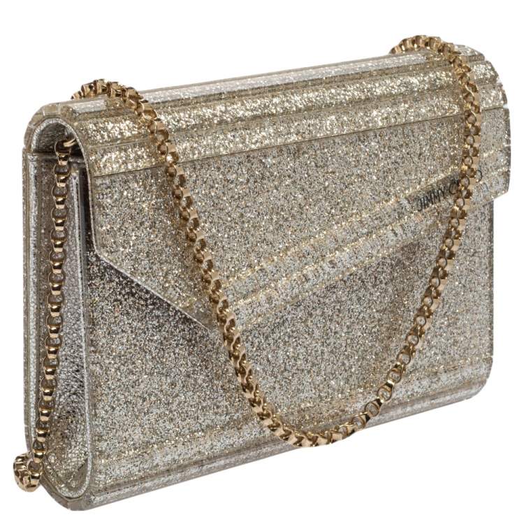Pre Owned Jimmy Choo Metallic Champagne Glitter Acrylic And Leather Candy Chain Clutch 