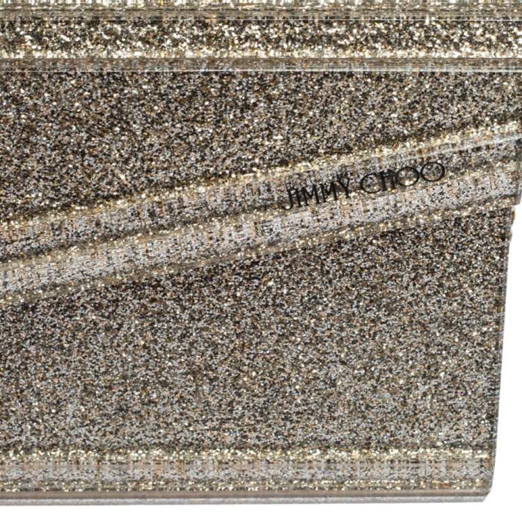 Pre Owned Jimmy Choo Metallic Champagne Glitter Acrylic And Leather Candy Chain Clutch 