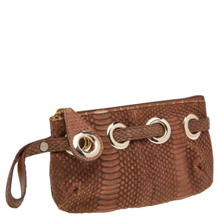 Pre Owned Jimmy Choo Brown Python Top Zip Wristlet Clutch