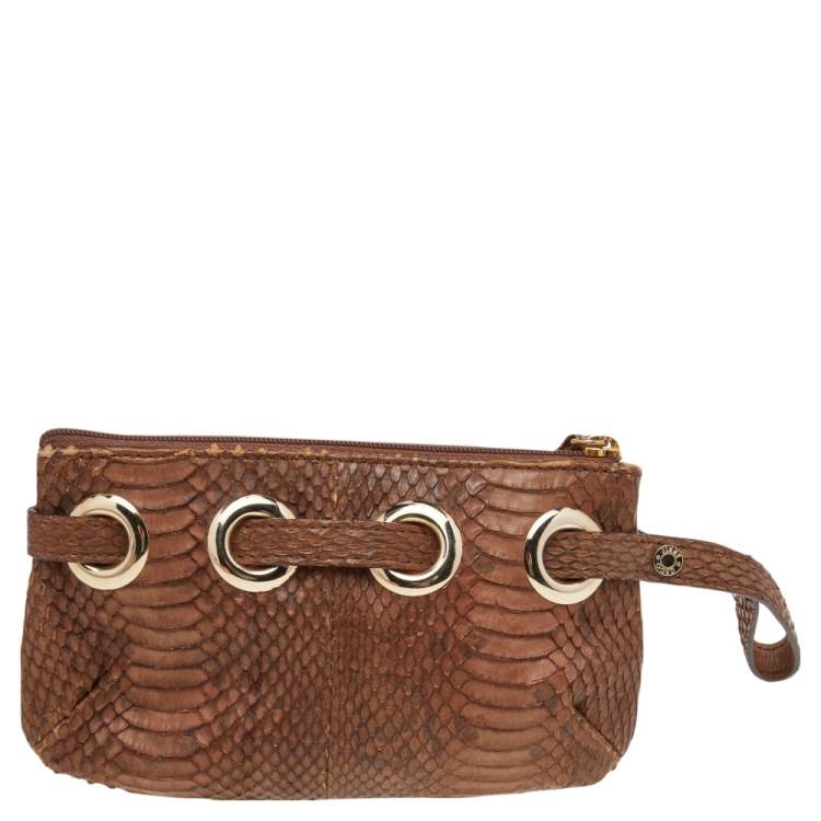 Pre Owned Jimmy Choo Brown Python Top Zip Wristlet Clutch