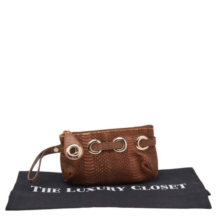 Pre Owned Jimmy Choo Brown Python Top Zip Wristlet Clutch