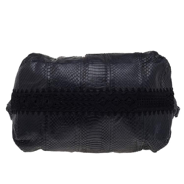 Pre Owned Jimmy Choo Black Python Leather And Lace Embellished Hobo