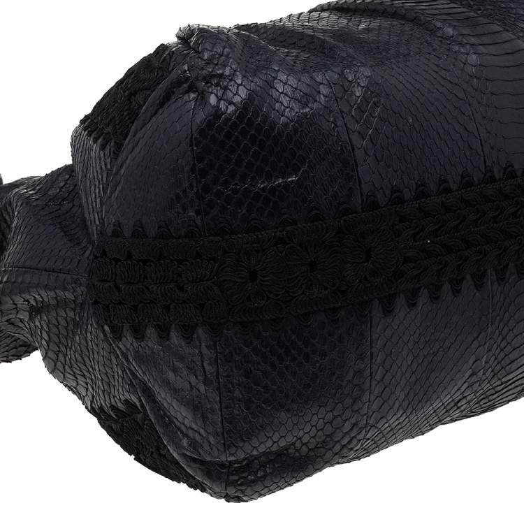 Pre Owned Jimmy Choo Black Python Leather And Lace Embellished Hobo