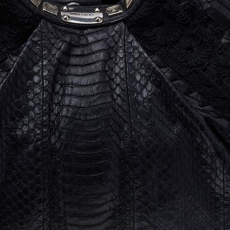 Pre Owned Jimmy Choo Black Python Leather And Lace Embellished Hobo