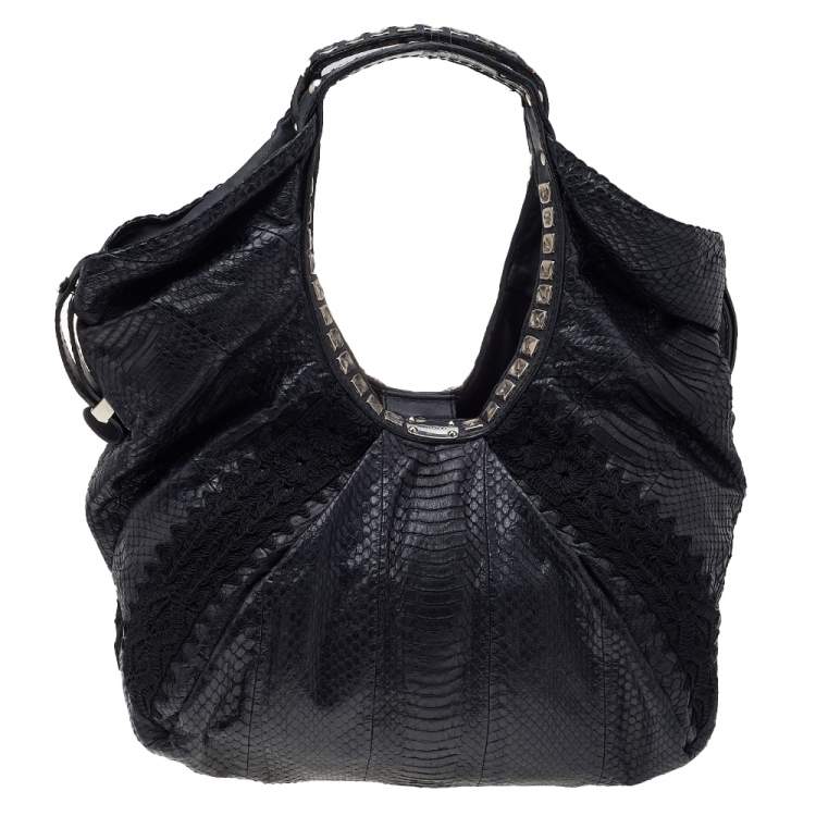 Pre Owned Jimmy Choo Black Python Leather And Lace Embellished Hobo