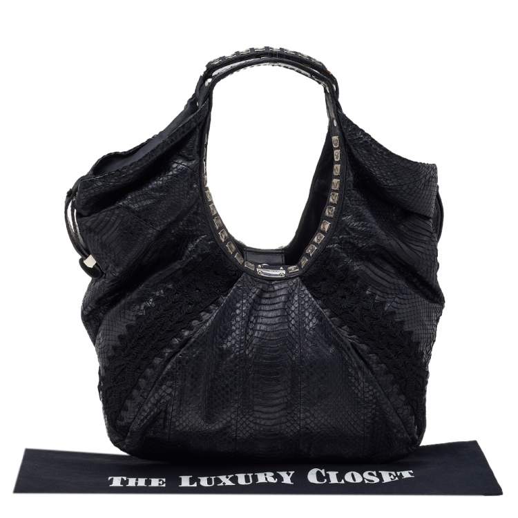 Pre Owned Jimmy Choo Black Python Leather And Lace Embellished Hobo