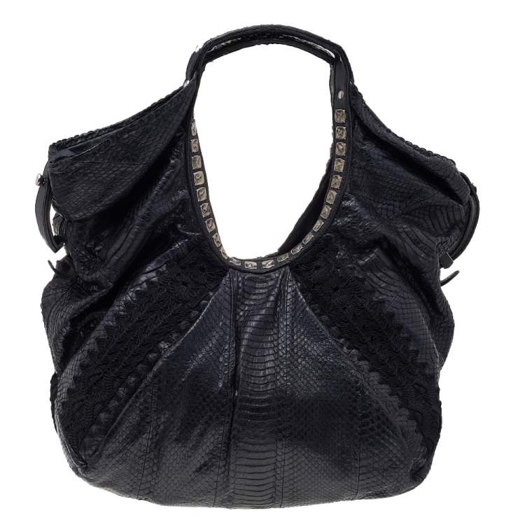 Pre Owned Jimmy Choo Black Python Leather And Lace Embellished Hobo