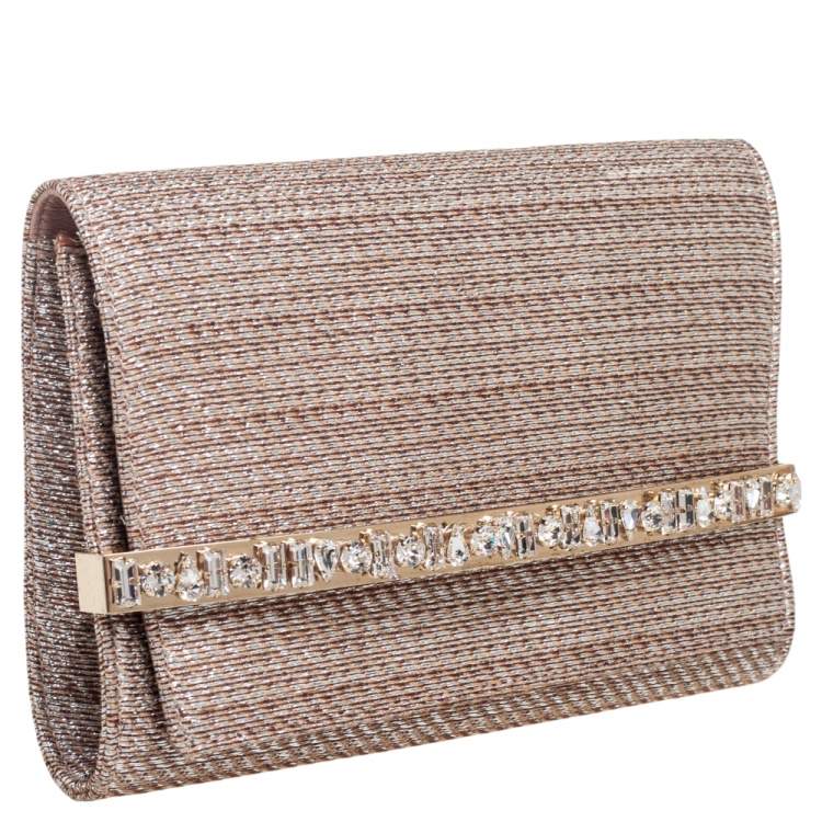 Pre Owned Jimmy Choo Beige/Silver Fabric Crystal Embellished Clutch