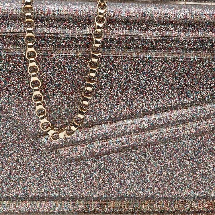 Pre Owned Jimmy Choo Metallic Champagne Glitter Acrylic and Leather Candy Chain Clutch 