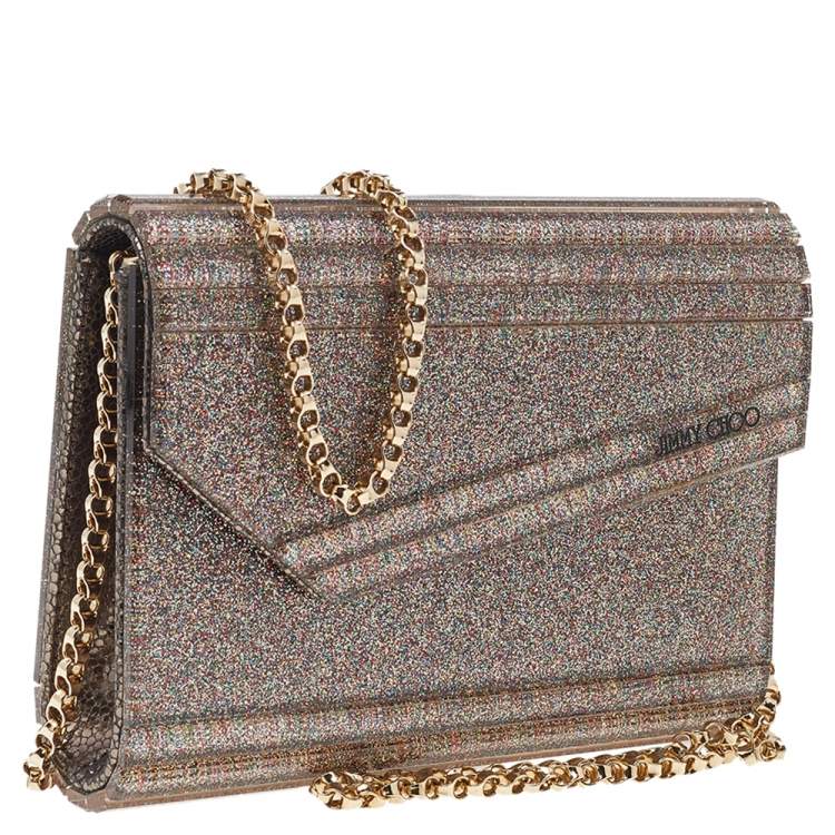 Pre Owned Jimmy Choo Metallic Champagne Glitter Acrylic and Leather Candy Chain Clutch 