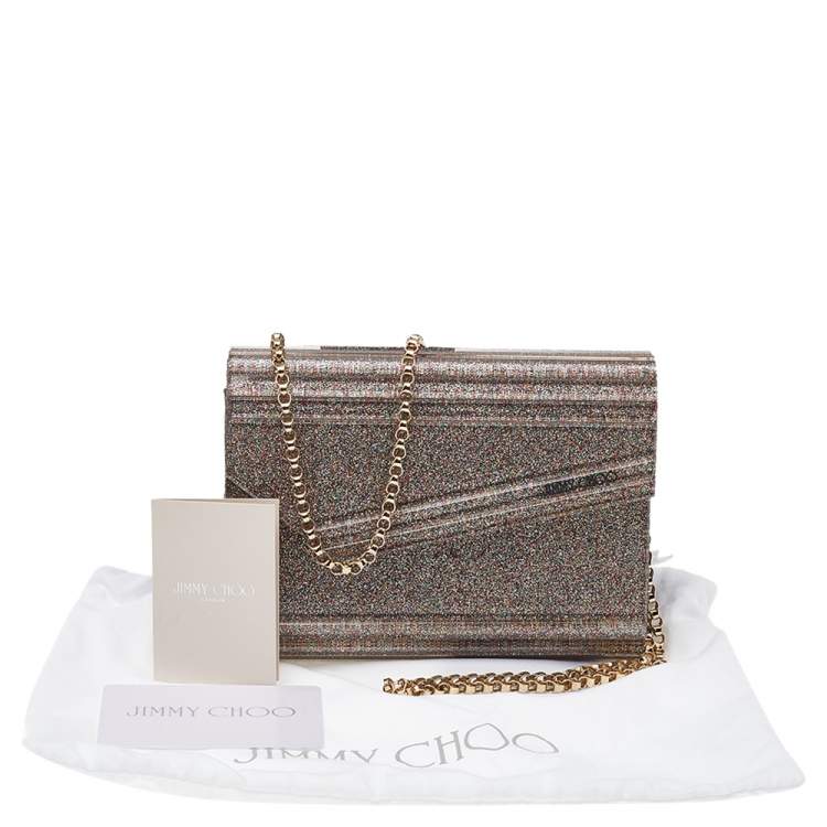Pre Owned Jimmy Choo Metallic Champagne Glitter Acrylic and Leather Candy Chain Clutch 
