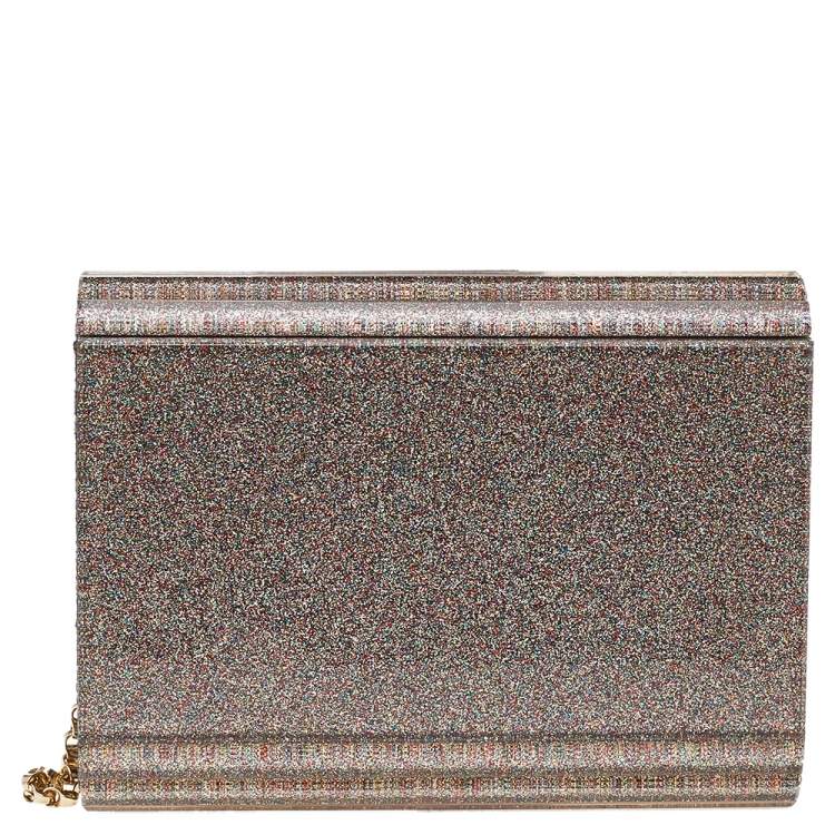 Pre Owned Jimmy Choo Metallic Champagne Glitter Acrylic and Leather Candy Chain Clutch 