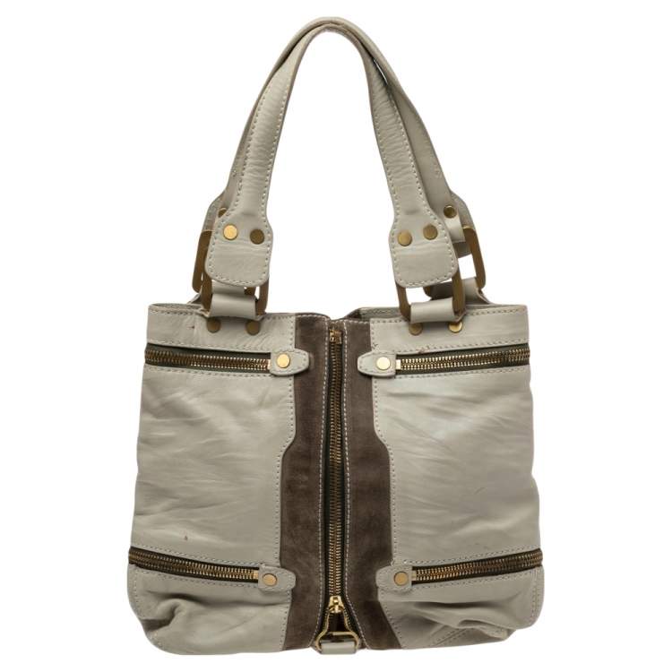 Pre Owned Jimmy Choo Khaki Green Leather and Suede Mona Tote