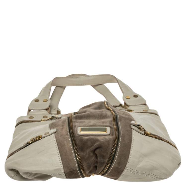 Pre Owned Jimmy Choo Khaki Green Leather and Suede Mona Tote