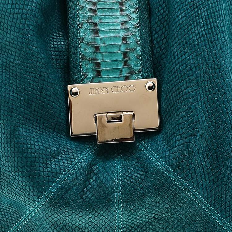 Pre Owned Jimmy Choo Turquoise Python Embossed Leather and Python Trim Hobo 