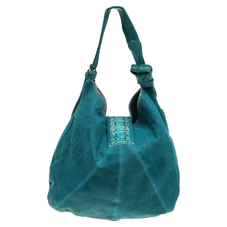 Pre Owned Jimmy Choo Turquoise Python Embossed Leather and Python Trim Hobo 