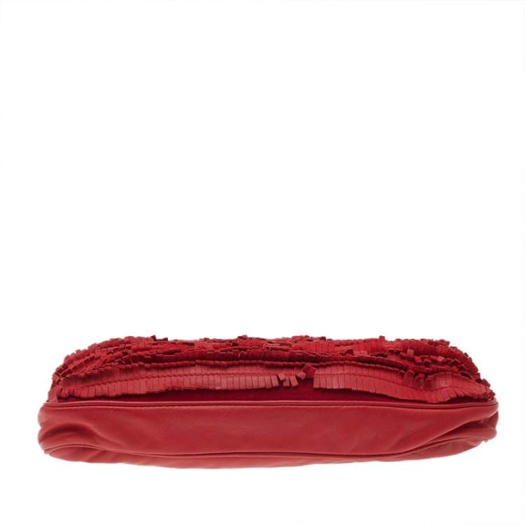 Pre Owned Jimmy Choo Red Leather Fringe Clutch