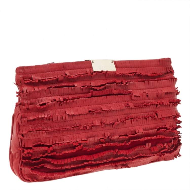 Pre Owned Jimmy Choo Red Leather Fringe Clutch