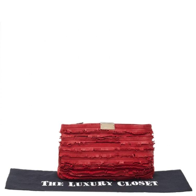 Pre Owned Jimmy Choo Red Leather Fringe Clutch