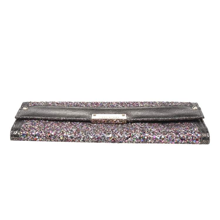 Pre Owned Jimmy Choo Metallic Grey Leather And Glitter Reese Clutch