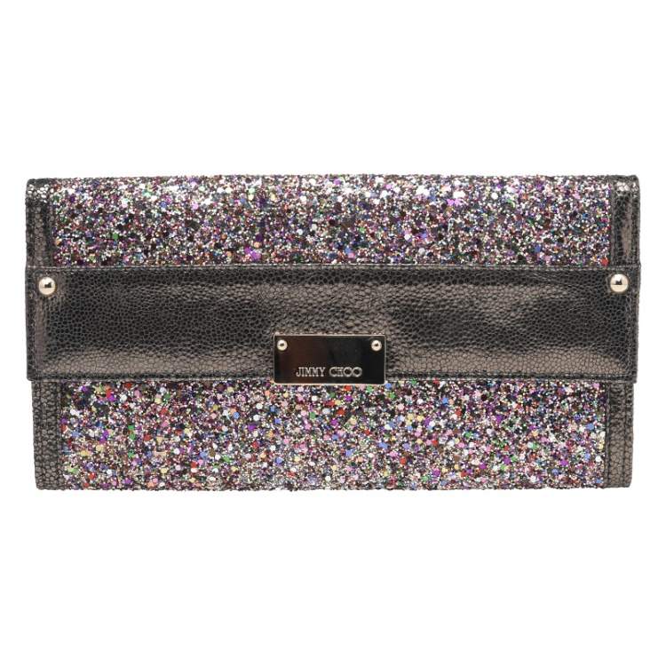 Pre Owned Jimmy Choo Metallic Grey Leather And Glitter Reese Clutch