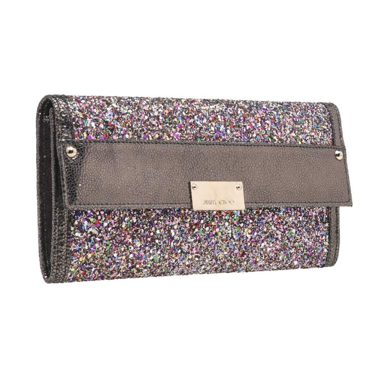 Pre Owned Jimmy Choo Metallic Grey Leather And Glitter Reese Clutch