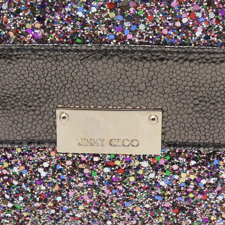 Pre Owned Jimmy Choo Metallic Grey Leather And Glitter Reese Clutch