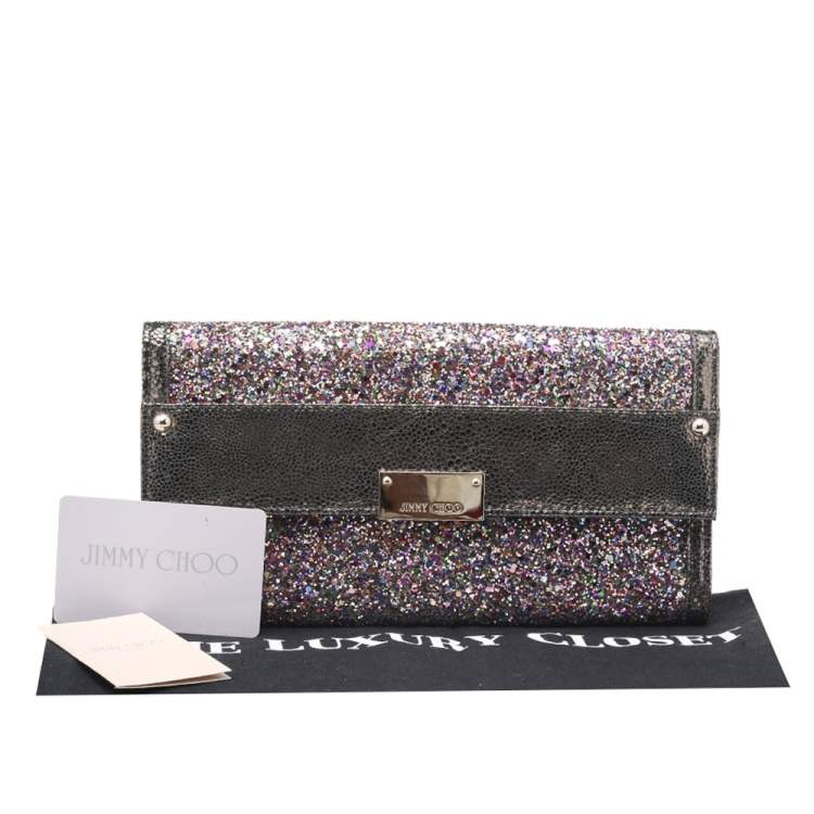 Pre Owned Jimmy Choo Metallic Grey Leather And Glitter Reese Clutch