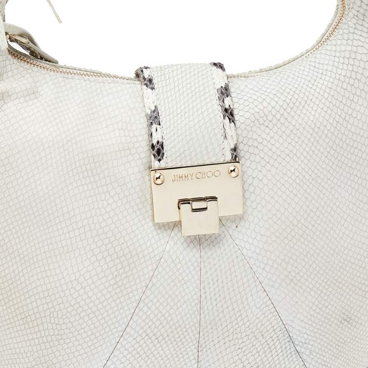 Pre Owned Jimmy Choo White Snakeskin Embossed Leather Hobo