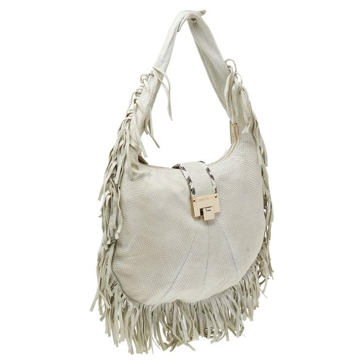 Pre Owned Jimmy Choo White Snakeskin Embossed Leather Hobo