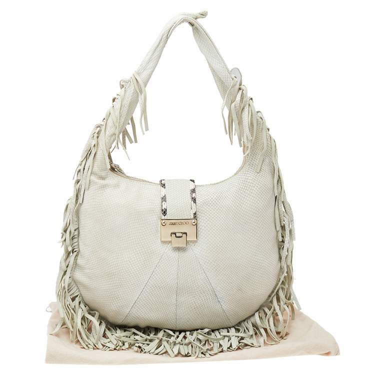 Pre Owned Jimmy Choo White Snakeskin Embossed Leather Hobo