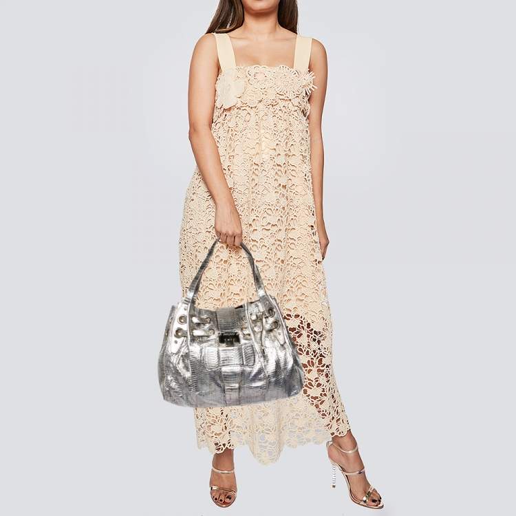 Pre Owned Jimmy Choo Metallic Silver Watersnake Riki Tote