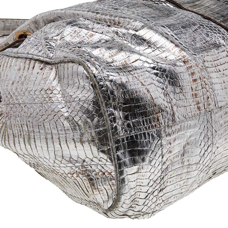 Pre Owned Jimmy Choo Metallic Silver Watersnake Riki Tote