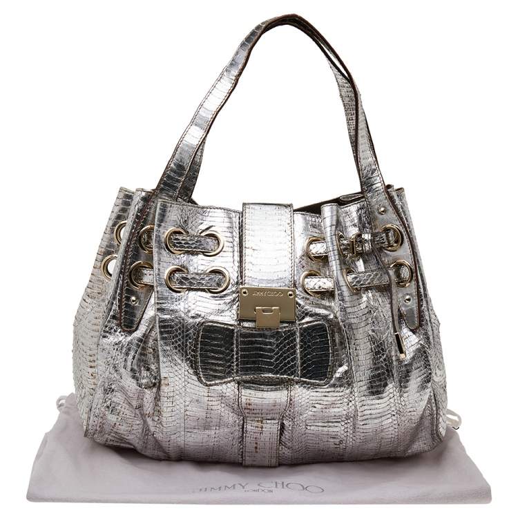 Pre Owned Jimmy Choo Metallic Silver Watersnake Riki Tote