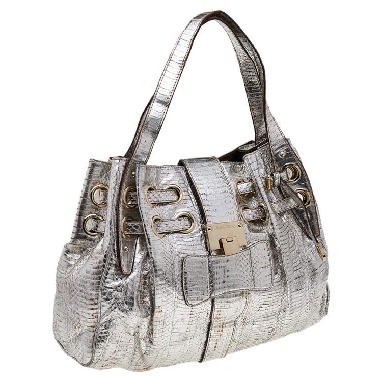 Pre Owned Jimmy Choo Metallic Silver Watersnake Riki Tote