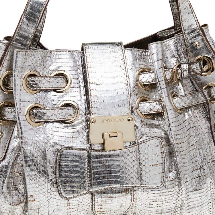 Pre Owned Jimmy Choo Metallic Silver Watersnake Riki Tote