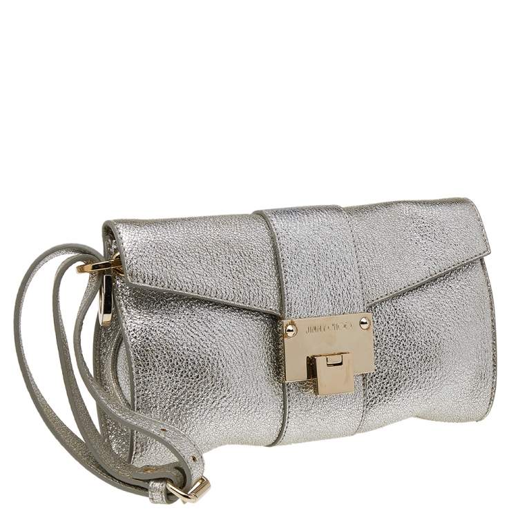 Pre Owned Jimmy Choo Metallic Silver Leather Rebel Clutch