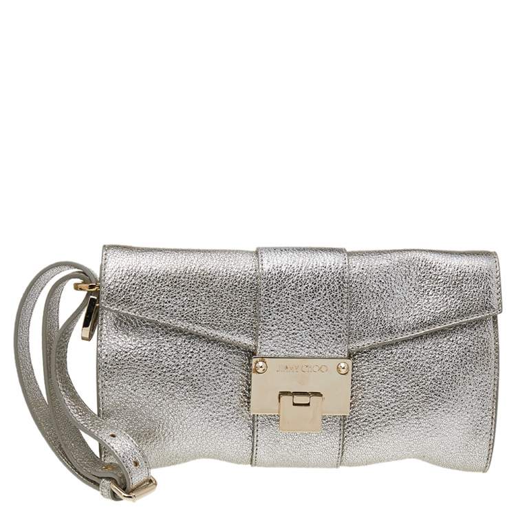 Pre Owned Jimmy Choo Metallic Silver Leather Rebel Clutch
