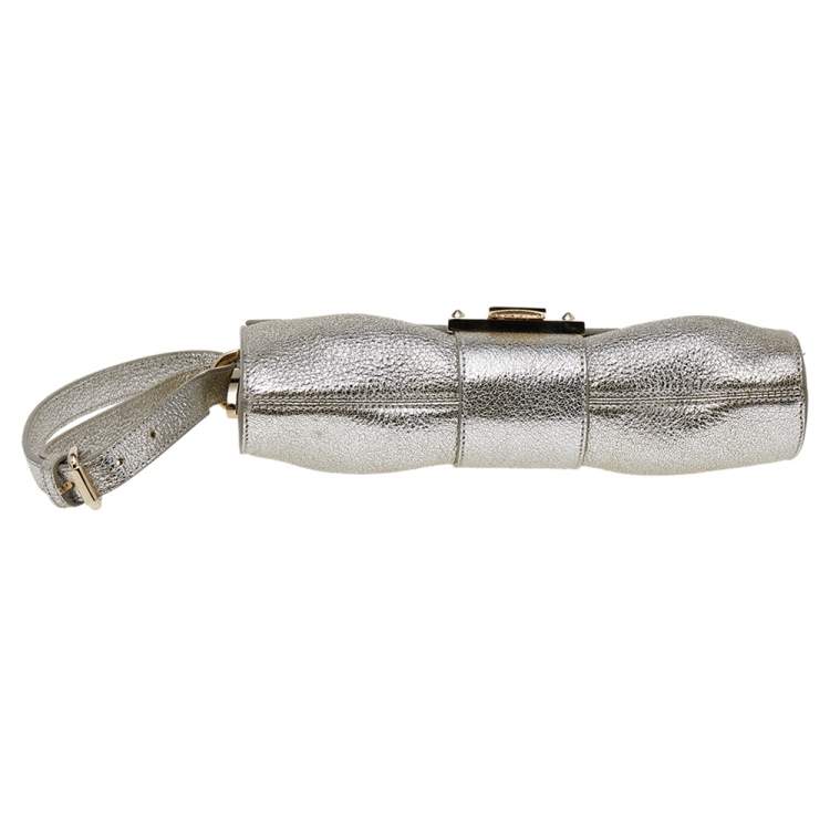 Pre Owned Jimmy Choo Metallic Silver Leather Rebel Clutch