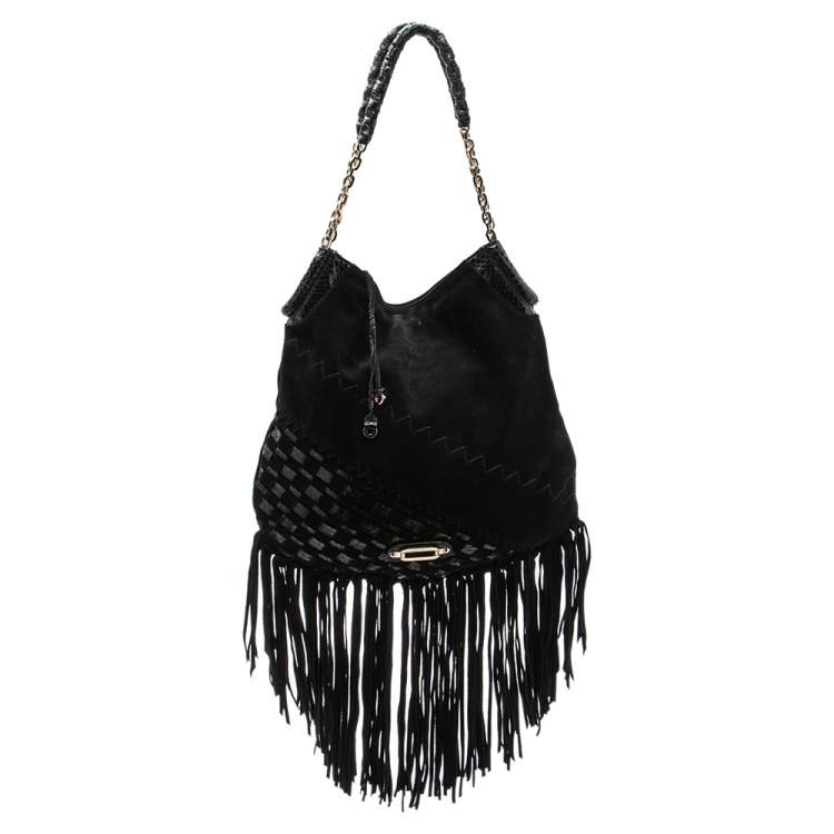 Pre Owned Jimmy Choo Black Suede and Snakeskin Fringed Tatum Hobo