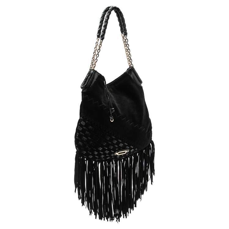 Pre Owned Jimmy Choo Black Suede and Snakeskin Fringed Tatum Hobo