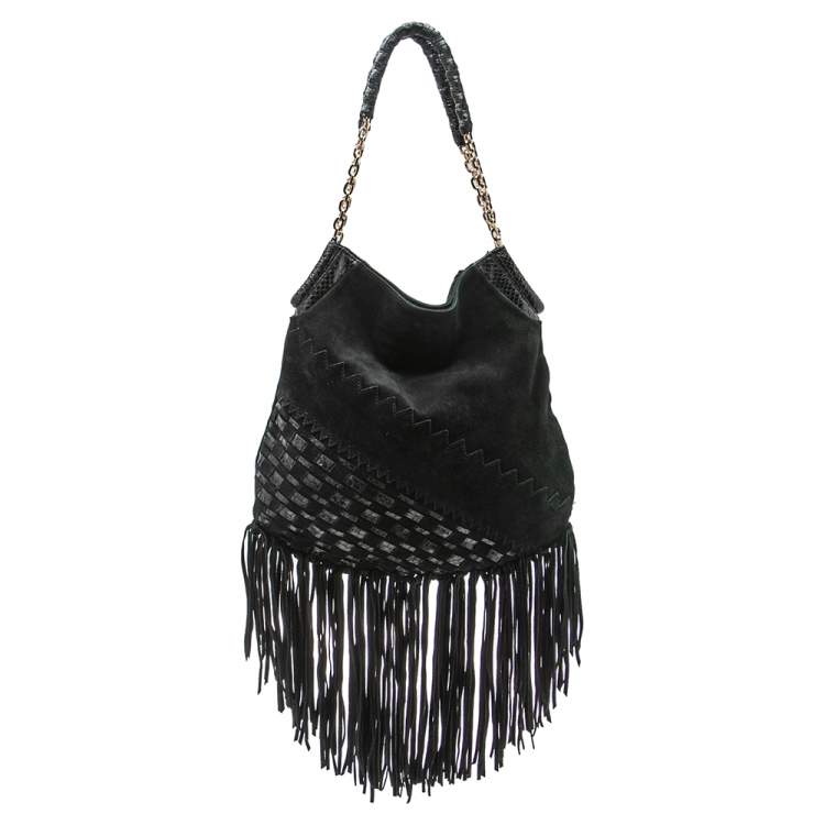 Pre Owned Jimmy Choo Black Suede and Snakeskin Fringed Tatum Hobo